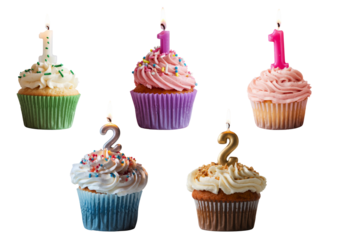 colorful birthday cupcakes with number candles on white background