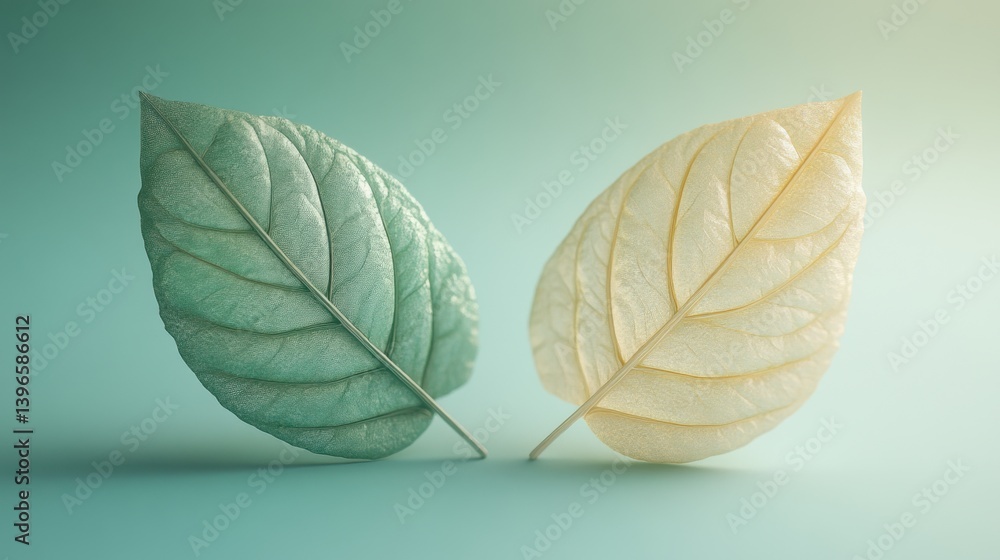 Poster two delicate leaves in soft pastel colors display intricate vein patterns against a gentle gradient 