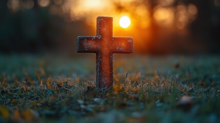 Serene image capturing a rustic cross amidst golden sunrise hues and misty landscape