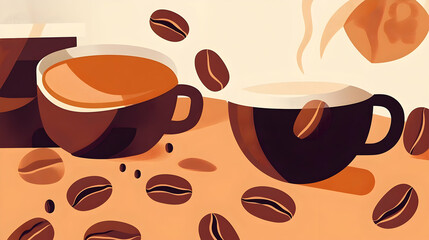 Obraz premium Two cups of coffee, one with crema, surrounded by coffee beans.