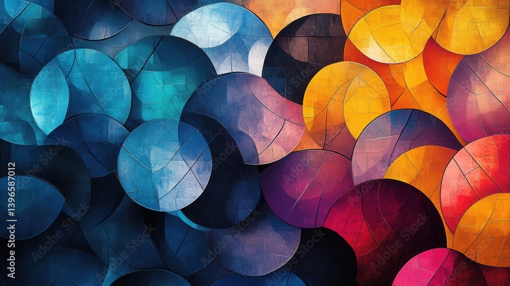 Poster a vibrant abstract composition featuring overlapping circular shapes in a mix of colors, creating a 