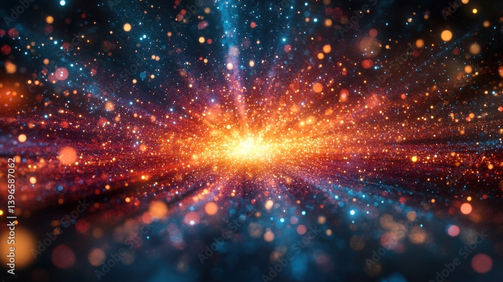Aufkleber a vibrant explosion of colors and light, creating a cosmic effect with swirling particles and a cent