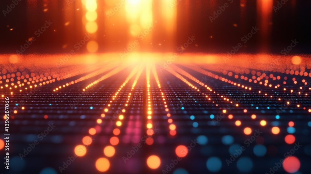 Poster a vibrant display of glowing dots and lines converging towards a luminous horizon, creating an abstr