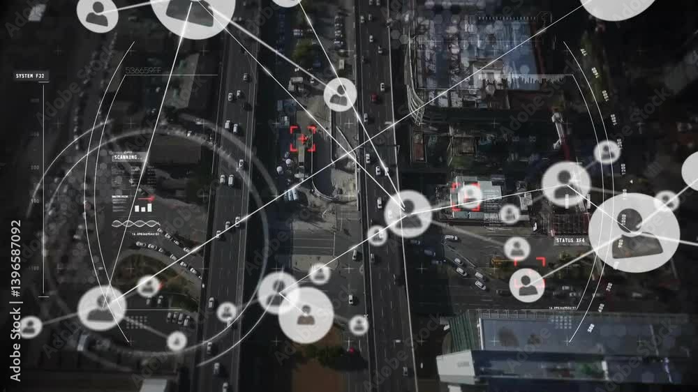 Poster network of connections and data processing animation over aerial city view