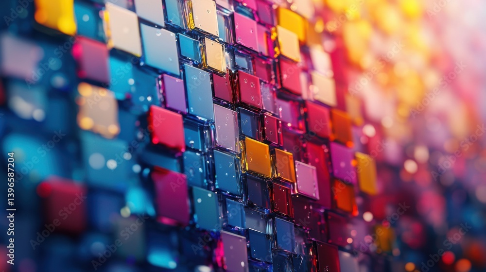 Poster a vibrant mosaic of colorful squares with a glossy finish, creating an abstract and visually engagin