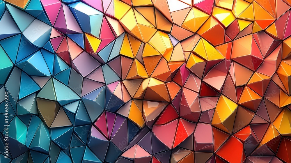 Poster a vibrant, abstract image featuring a mosaic of colorful geometric shapes and patterns, blending sha