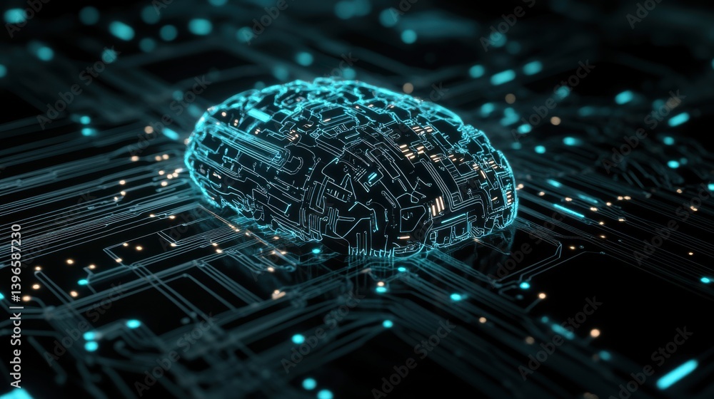 Poster a digital brain represented with circuitry, glowing in a futuristic style, symbolizing the intersect