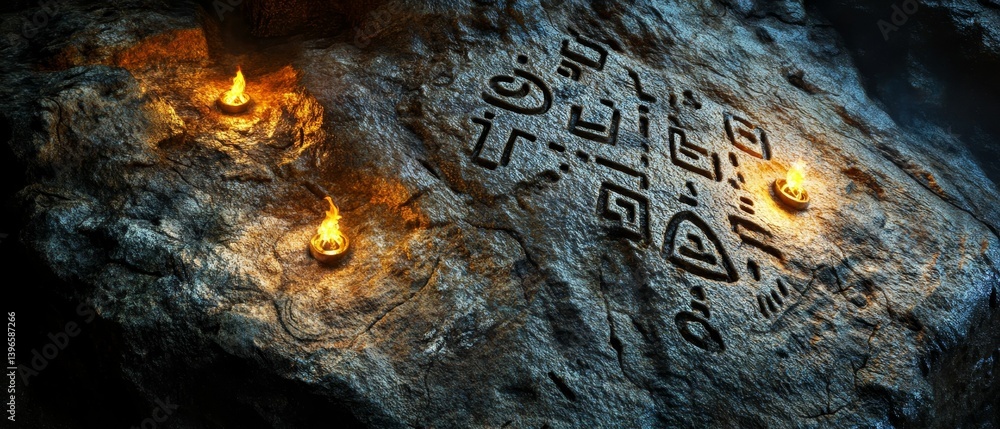 Poster ancient symbols on stone surface illuminated by candlelight in a dark setting.