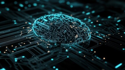 A digital brain represented with circuitry, glowing in a futuristic style, symbolizing the intersection of technology and intelligence.