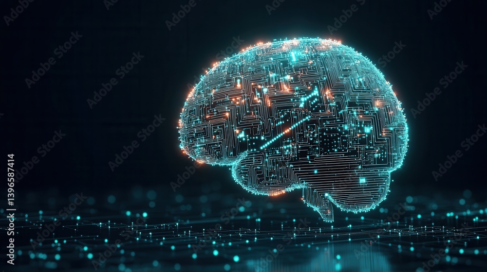 Poster a digital representation of a brain, composed of glowing circuitry and data points, symbolizing arti