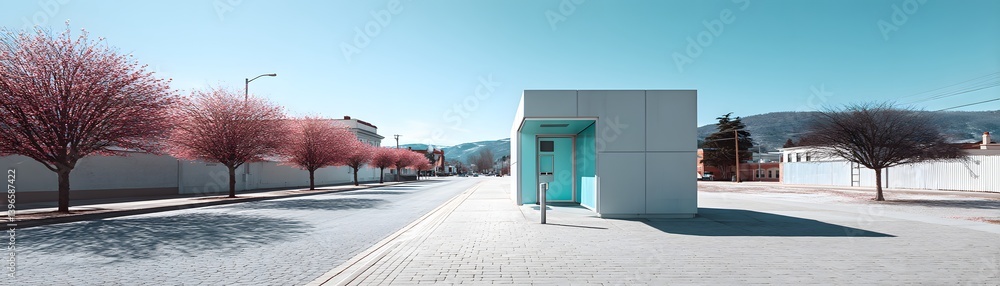 Poster a high-tech atm station with biometric security features in a small town, showcasing safe access to 