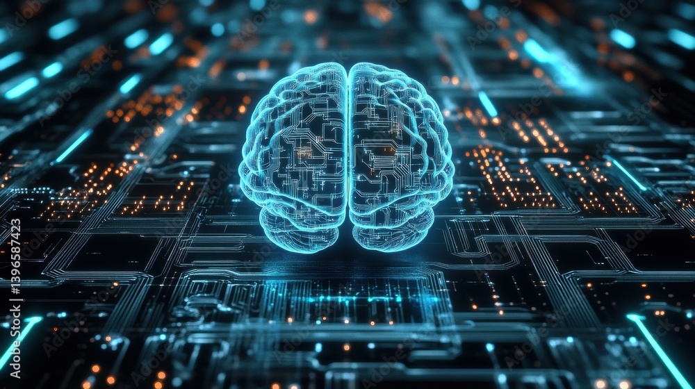 Poster a digital representation of a brain surrounded by intricate circuitry, symbolizing artificial intell