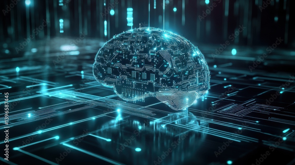 Poster a futuristic digital brain illuminated with glowing circuits, symbolizing advanced technology and ar
