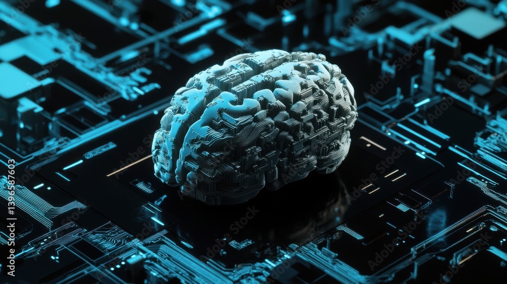 Poster a digital representation of a brain on a circuit board, showcasing the fusion of technology and neur
