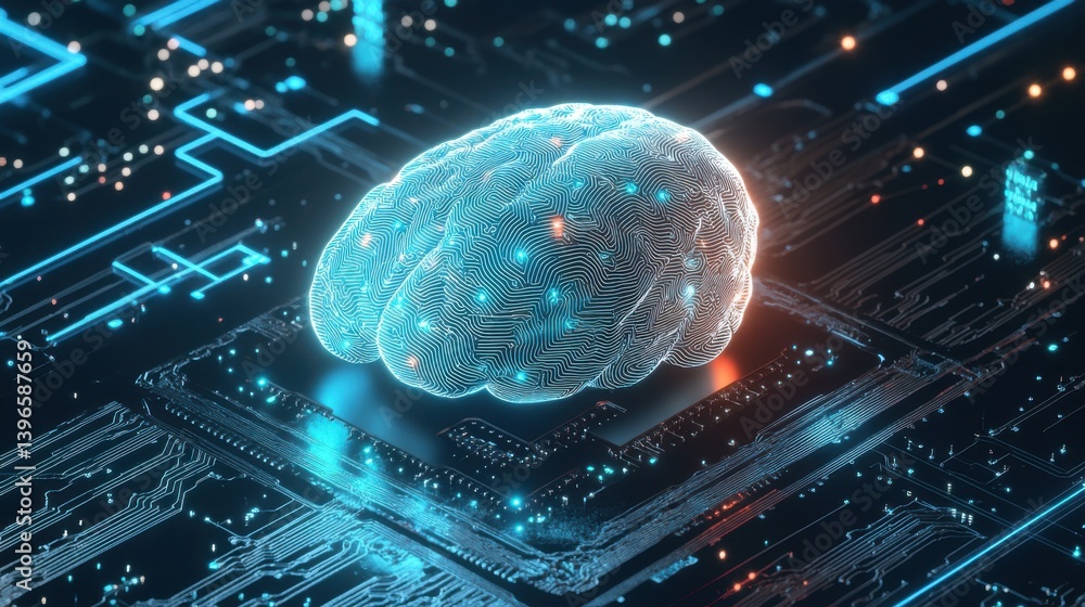 Poster a digital brain illuminated on a circuit board, representing advanced technology and artificial inte