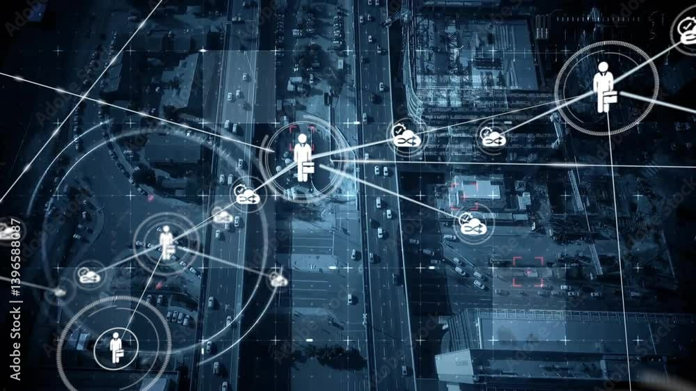 Poster network of connections and data processing animation over urban landscape
