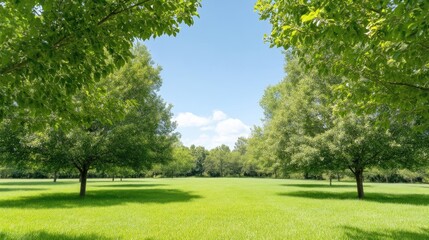 Obraz premium Lush green trees lining a spacious grassy field on a sunny day, vibrant summer landscape with clear blue sky, and nature and tranquility concept.