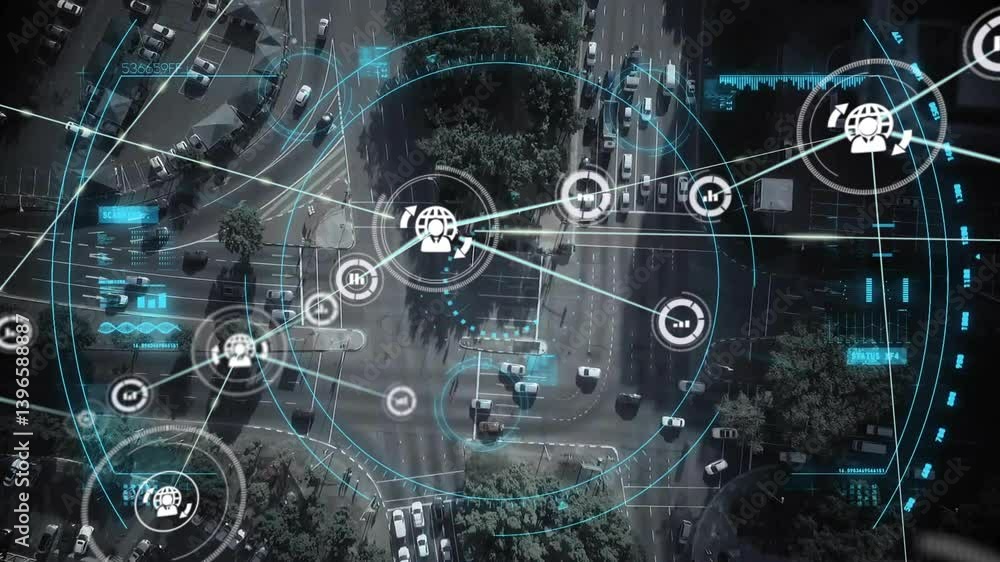 Poster network of connections and data processing animation over urban traffic scene