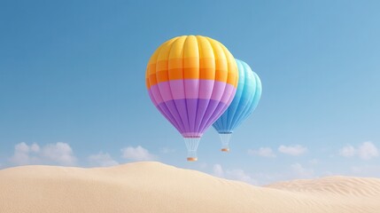 Fototapeta premium Vibrant hot air balloons float gracefully over a sandy landscape under a clear blue sky, creating a picturesque and serene scene.
