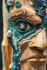 Fototapeta premium Carved wooden face with detailed eye and textured decorations on a pole.