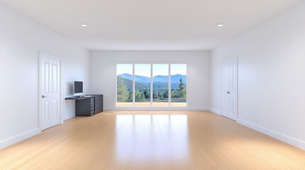 Mountain View Room: Serene Minimalist Interior Design with Stunning Nature Vista