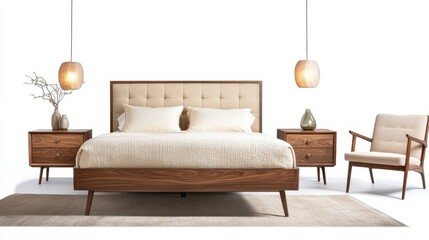 Mid-century modern bedroom set with a warm wood bed frame, neutral bedding, and elegant lighting. A cozy, inviting space