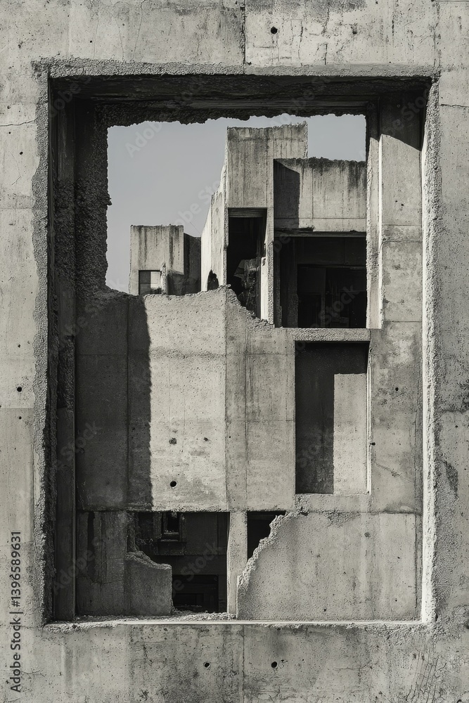 Poster concrete structure with geometric shapes and openings against a bright sky.