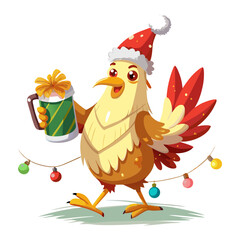 Chicken wear santa claus hat tangled wrap around with Christmas lights holding a beer mug in christmas party