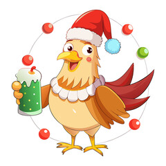 Chicken wear santa claus hat tangled wrap around with Christmas lights holding a beer mug in christmas party