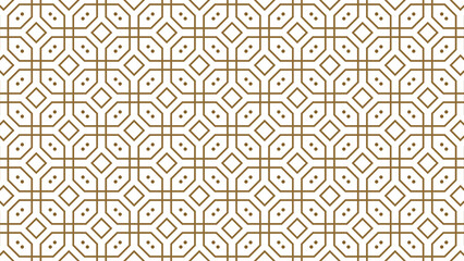 Geometric brown line art seamless pattern on white. Abstract interconnected shapes and dots.
