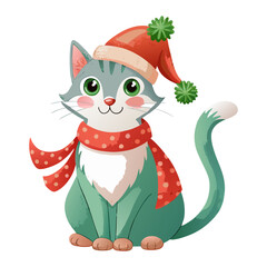 Adorable watercolor illustration of a cute cat wearing a Christmas scarf and Santa hat, isolated on a white background Perfect for holiday-themed clipart collections