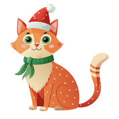 Watercolor illustration of a cheerful cat dressed in festive Christmas attire, set against a white background.