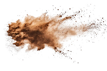 a dynamic explosion of brown powder resembling dust or cocoa against a white background showcasing movement and texture. for artistic or culinary purposes