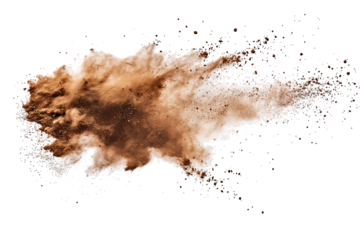 a dynamic explosion of brown powder resembling dust or cocoa against a white background showcasing movement and texture. for artistic or culinary purposes