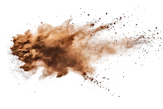 a dynamic explosion of brown powder resembling dust or cocoa against a white background showcasing movement and texture. for artistic or culinary purposes
