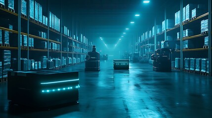 A warehouse at night lit only by soft blue AI guidance lights, multiple robots sorting, lifting, and storing goods with synchronized precision. Created Using: moody low-light industrial tone,