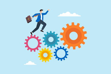 Flat illustration of businessman jump onto cogwheel symbolizing project management workflow