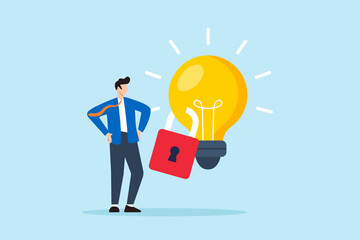 Flat illustration of businessman stand beside locked bright lightbulb symbolizing intellectual property protection