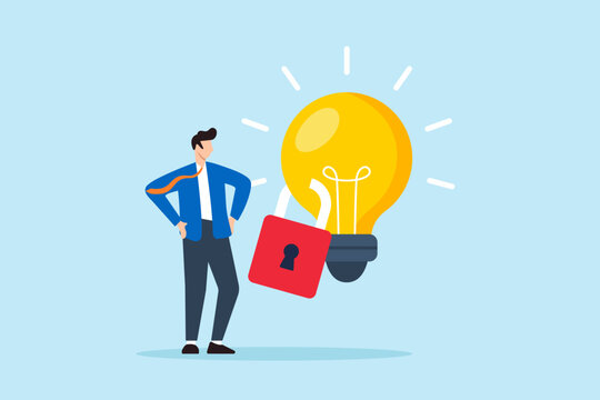Flat illustration of businessman stand beside locked bright lightbulb symbolizing intellectual property protection