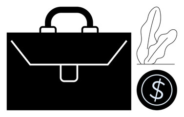 Briefcase symbolizing work or business beside a dollar coin and abstract plant element. Ideal for business, finance, investment, entrepreneurship, career, corporate life, and success concepts. Flat