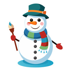 A cartoon snowman stands in a snowy landscape. He wears a black top hat with a red band, a red scarf, and holds a broom.
