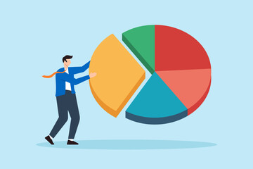 Flat illustration of businessman taking piece of colorful pie chart representing market share and revenue distribution