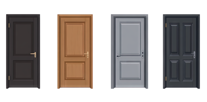 four distinct doors in varying colors black brown gray and dark gray each with a simple design showcasing different styles for interior or exterior use