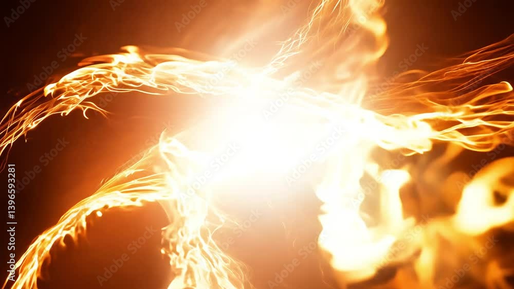 Poster zoom in video of white and orange light trails, lens flare effects with bright highlights, creating 