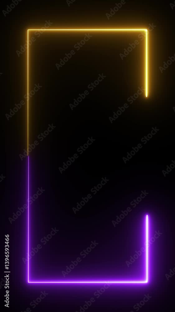Poster glowing yellow and purple color neon border rectangle with laser illuminated abstract background – h