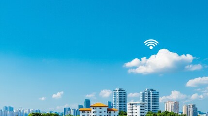 Smart City Development with Urban Innovation and Advanced Security Systems, City skyline with a bright blue sky and clouds, featuring a Wi-Fi symbol above the buildings.