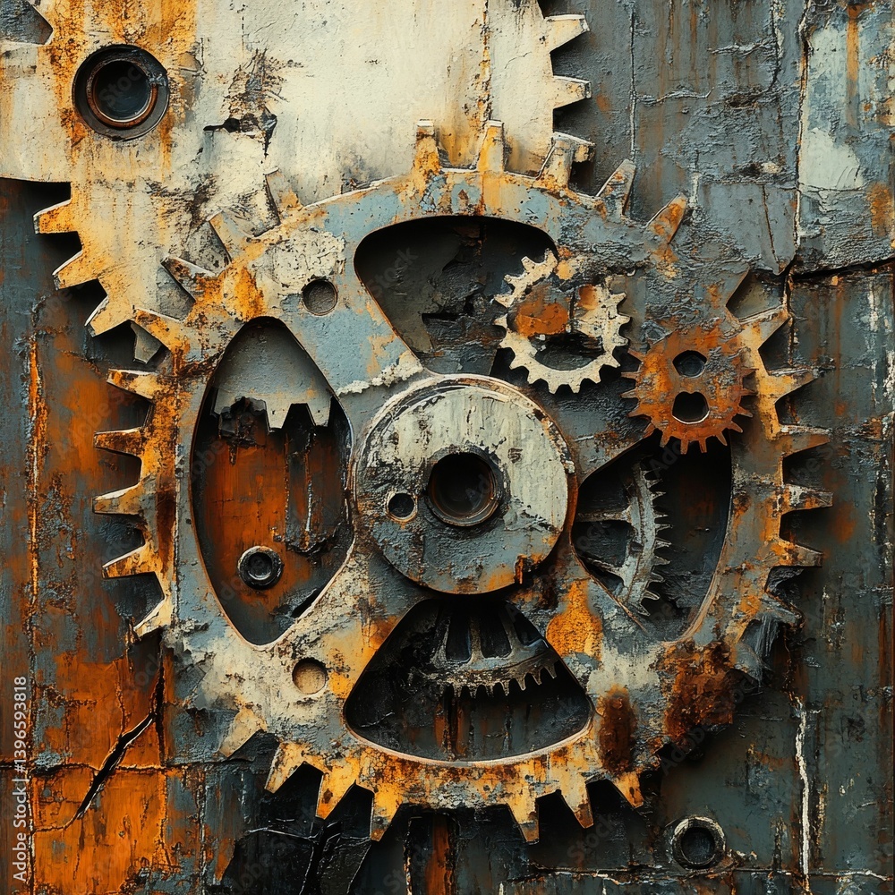 Aufkleber close-up of rusty gears and cogs on a weathered metal surface.