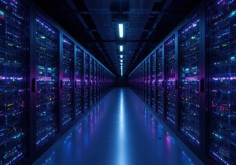 Illuminated server room with rows of data storage racks and blue lighting in a long corridor