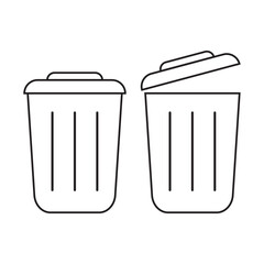 Trash bin icon set. Minimalist black line vector illustration of two garbage cans, one with a closed lid and the other with an open lid. Simple design isolated on white background, ideal for waste man