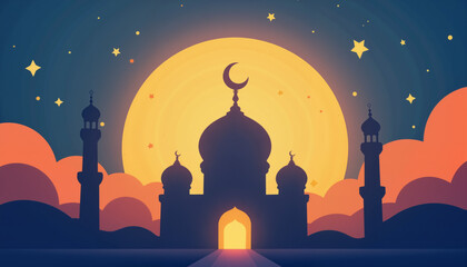 Mosque silhouette against a glowing moon and starry sky  